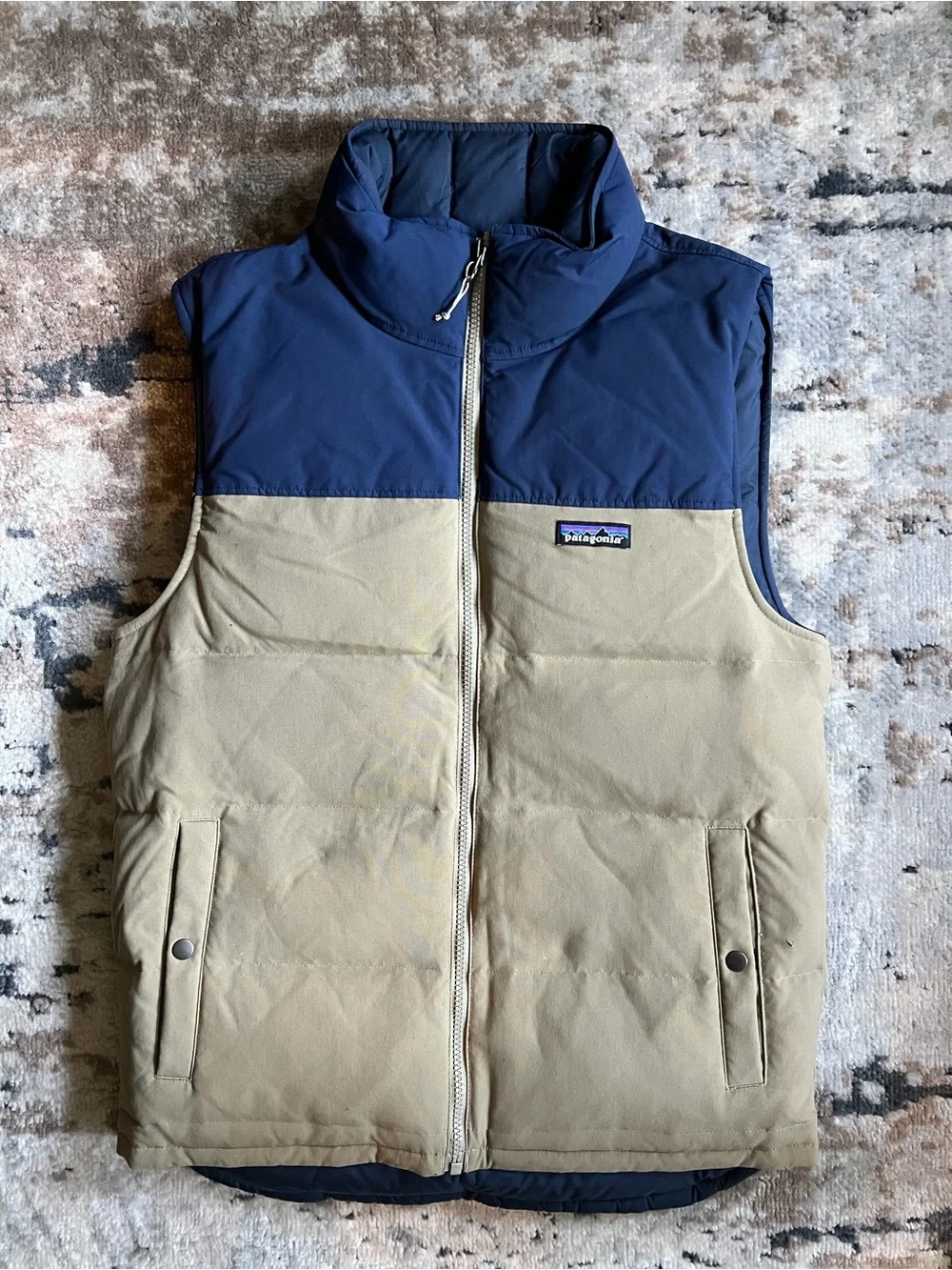 Patagonia Men’s Reversible Bivvy Navy and Tan Puffer Vest
